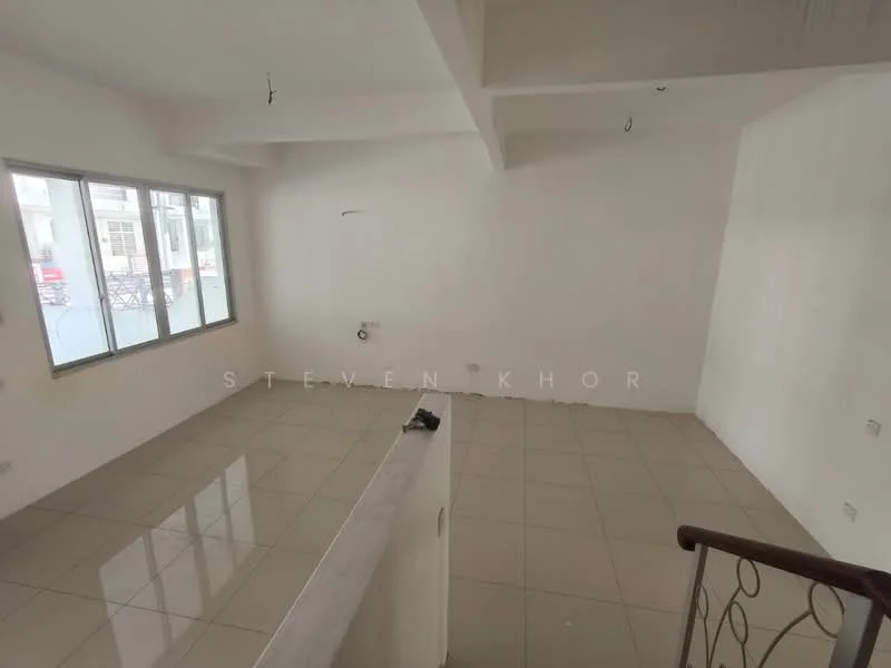 Room features: white painted walls, glossy ceramic tile flooring, large windows, natural light, open space, no visible furniture, ceiling with exposed beams, neutral color scheme; style: minimalist.