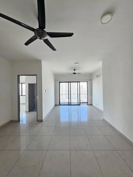 Living features: white painted walls, polished ceramic tile flooring, 5-blade ceiling fan, floor-to-ceiling windows, sliding glass door, natural light, open layout, neutral color scheme; style: modern; view: city. Room features: white painted walls, polished ceramic tile flooring, doorway leading to another room.