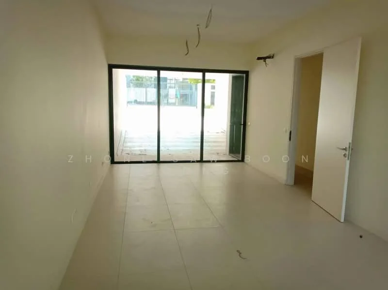 Room features: white painted walls, tile flooring, floor-to-ceiling sliding glass door, door leading to outdoor area, recessed ceiling lights, neutral color scheme; style: modern; view: garden.