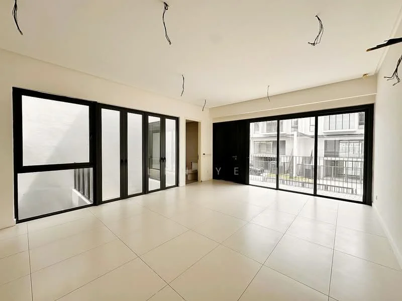 Living features: large floor-to-ceiling windows, black framed sliding glass doors, white painted walls, neutral tile flooring, exposed electrical wiring, open layout, natural light, access to outdoor space; style: modern.
