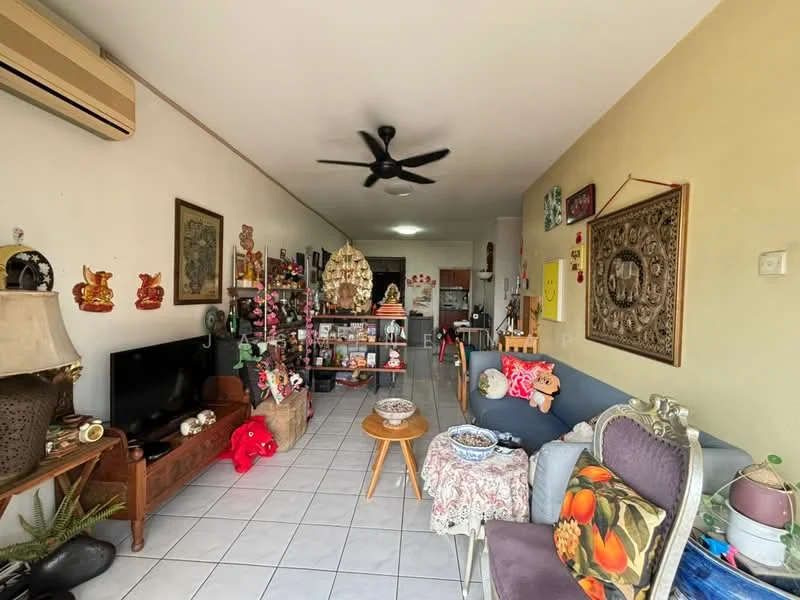 Living features: white painted walls, tiled flooring, 5-blade ceiling fan in black, sofa with colorful cushions, wooden coffee table, TV console with television, decorative wall art, shelves with decorative items, potted plants, side table with decorative items, area rug with floral pattern; style: traditional.