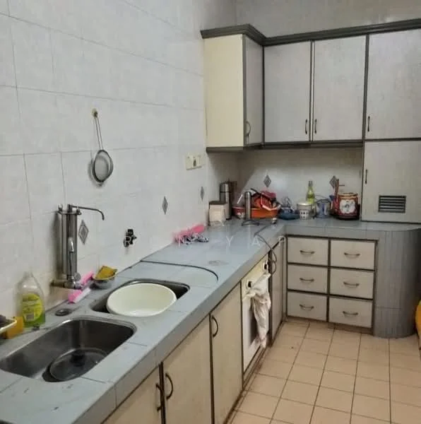 Kitchen features: double-bowl stainless-steel sink, chrome pull-down faucet, laminate countertop, white tiled backsplash, built-in oven, freestanding range oven, white cabinetry with grey trim, tile flooring, wall-mounted storage shelves, kitchen utensils and appliances visible.
