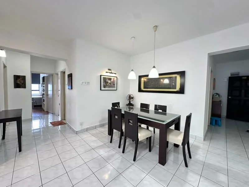 Dining features: white painted walls, glossy white tile flooring, dining table with glass top, 4 upholstered dining chairs, 2 pendant lights, framed artwork on walls, decorative sculpture on table, open layout to adjacent rooms; style: modern. Room features: white painted walls, glossy white tile flooring, doorway leading to other rooms.