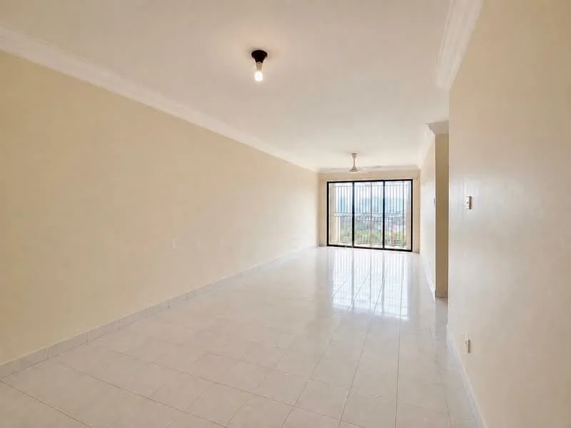 Living features: cream painted walls, white ceiling with crown moulding, polished ceramic tile flooring, floor-to-ceiling windows, sliding glass door, 5-blade ceiling fan, natural light from windows, open layout; style: modern; view: city.