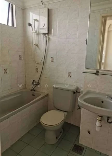 Bathroom features: bathtub, shower with wall-mounted shower head, toilet, sink, mirror, white tiled walls, green tiled flooring, water heater, window, chrome faucet.