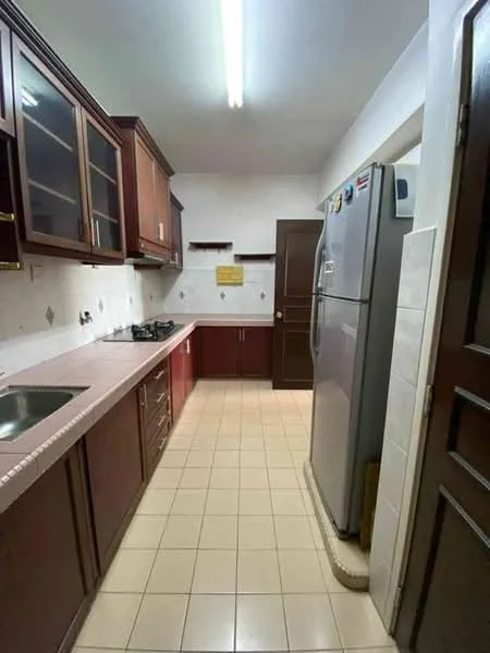 Kitchen features: brown wooden cabinetry, glass-front upper cabinets, pink laminate countertop, single-bowl stainless-steel sink, chrome pull-down faucet, 4-burner gas hob, built-in oven, stainless-steel fridge, tile backsplash, ceramic tile flooring, fluorescent ceiling lights, wall-mounted cabinets, kitchen island with storage; style: modern.