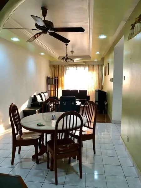 Dining features: round dining table, wooden dining chairs, ceiling fan with light, white painted walls, tile flooring, curtains, sofa in dark fabric, coffee table, wall-mounted shelves, natural light from window; style: contemporary.