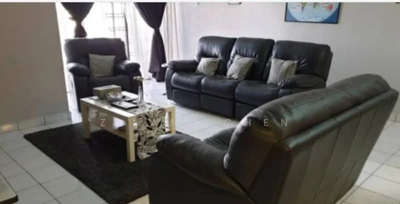 Living features: 3-seater leather sofa in black, 2-seater leather sofa in black, decorative cushions, coffee table with white top and black base, area rug in black, white tiled flooring, floor-to-ceiling windows with sheer curtains, dark curtains, wall-mounted artwork, wall with light beige paint; style: contemporary.