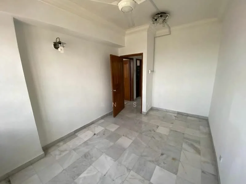 Room features: white painted walls, marble flooring, ceiling fan, wooden door, light fixture, window, neutral color scheme, corner room; style: minimalist.