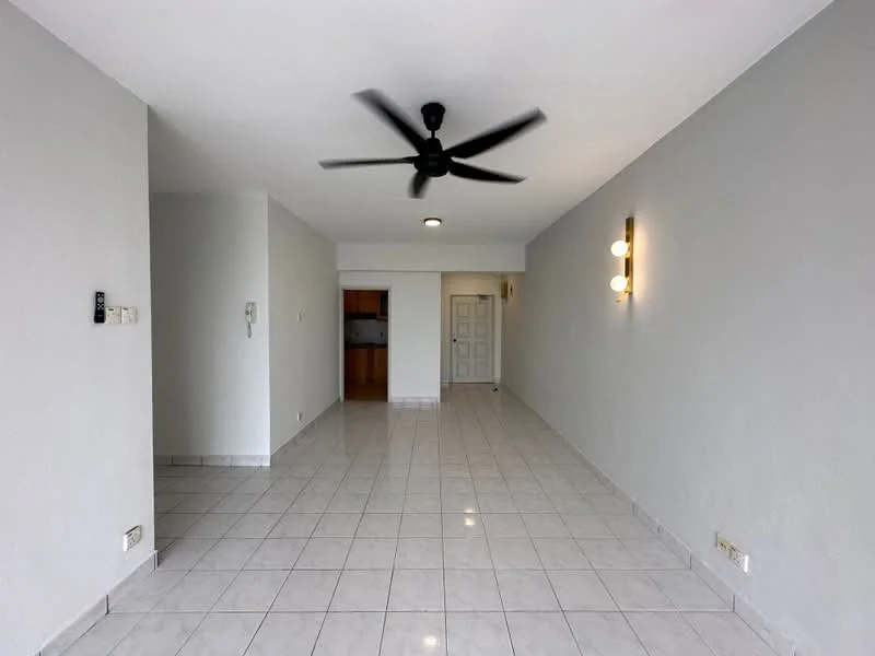 Living features: white painted walls, glossy ceramic tile flooring, 5-blade ceiling fan, recessed downlights, wall-mounted light fixtures, open layout, doorway leading to kitchen, large windows for natural light; style: modern.