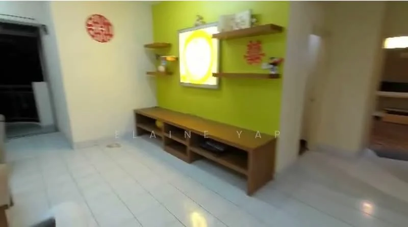 Living features: green accent wall, white painted walls, white tiled flooring, wooden TV console with open shelving, decorative wall art, shelves with decorative items, floor-to-ceiling window, curtains, light fixture; style: modern.