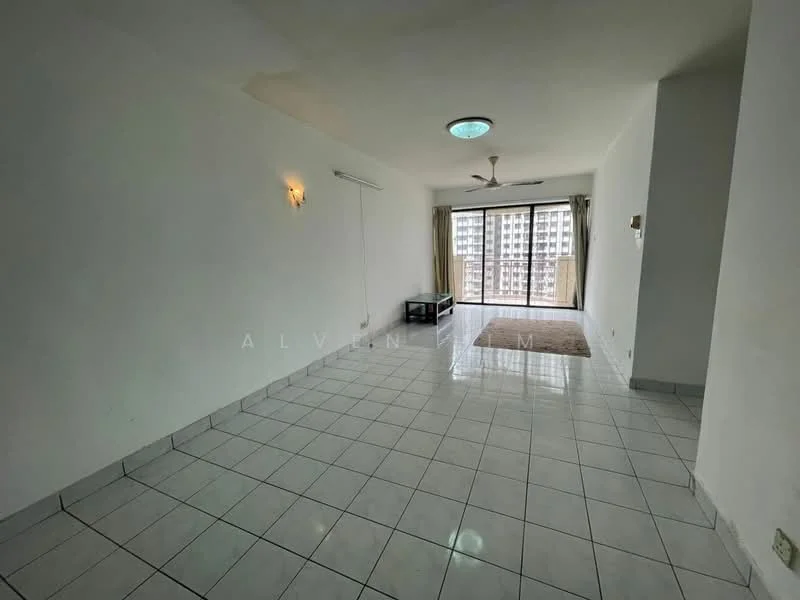 Living features: white painted walls, glossy white floor tiles, 5-blade ceiling fan with light, large sliding glass door, floor-to-ceiling windows, natural light, open layout, no visible furniture; style: modern; view: city.
