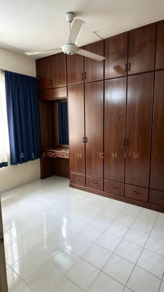 Bedroom features: white painted walls, glossy tile flooring, built-in wooden wardrobe with multiple doors, ceiling fan, window with blue curtains, desk area with mirror, natural light from window.