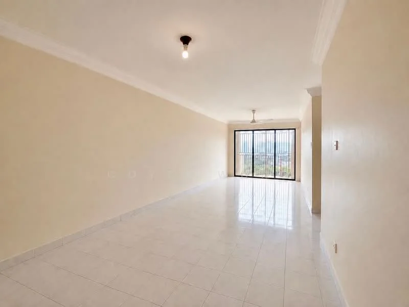 Living features: white painted walls, glossy ceramic tile flooring, recessed downlights, 5-blade ceiling fan, floor-to-ceiling windows, city view, crown moulding, neutral color scheme; style: modern; view: city.