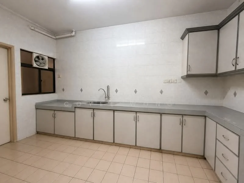 Kitchen features: grey laminate countertop, white cabinetry with silver handles, double-bowl stainless-steel sink, chrome pull-down faucet, wall-mounted split AC, white tiled walls, cream tiled flooring, window with brown frame, diamond-patterned wall tiles.