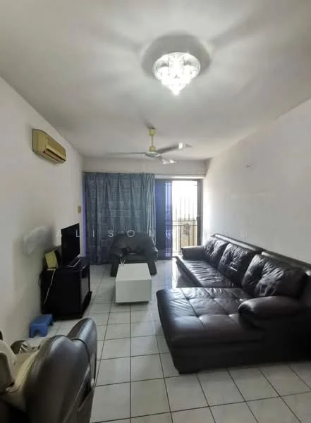 Living features: 3-seater leather sofa in dark brown, coffee table, wall-mounted TV, ceiling fan, wall-mounted split AC, white tiled flooring, curtains in blue, glass sliding door, decorative ceiling light; style: modern.