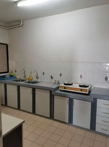 Kitchen features: white tiled walls, grey countertop, double-bowl stainless-steel sink, chrome faucet, built-in gas stove, white cabinetry with blue trim, tile flooring, wall-mounted shelves.