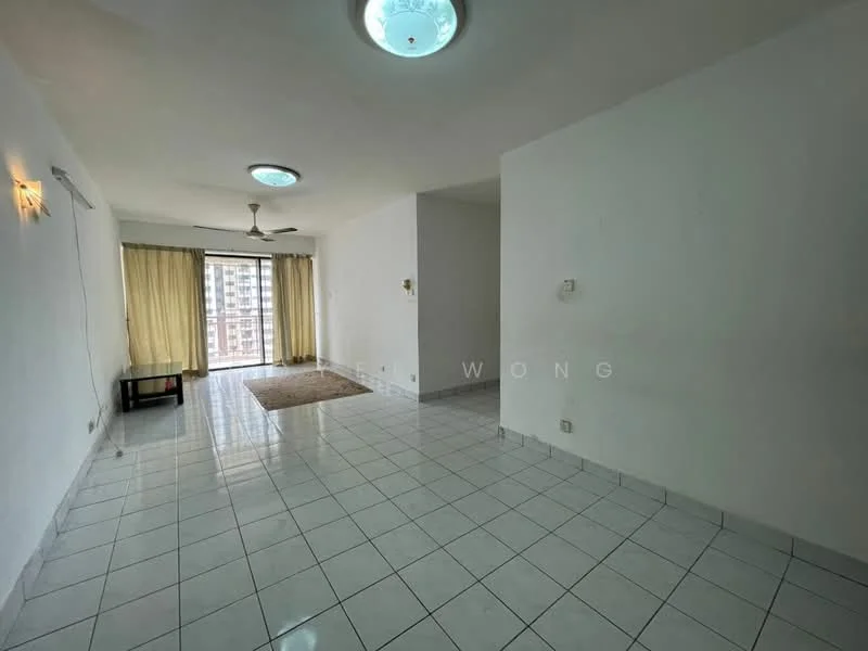 Living features: white painted walls, glossy white floor tiles, ceiling fan, recessed ceiling lights, large sliding glass door, floor-to-ceiling windows, curtains, area rug, open layout, natural light; style: modern; view: city.