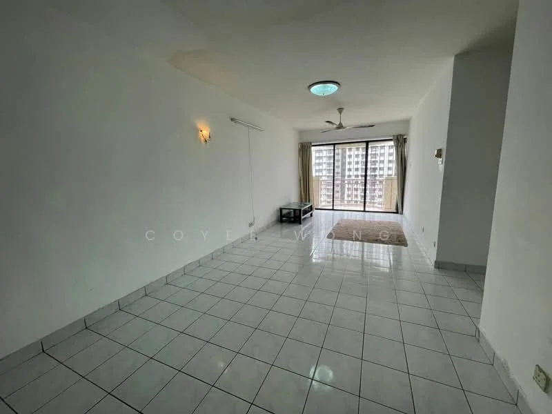 Living features: white painted walls, glossy white tile flooring, ceiling fan, recessed ceiling light, large sliding glass door, floor-to-ceiling windows, balcony access, city view; view: city.