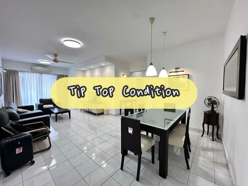 Living features: white painted walls, glossy white tile flooring, recessed ceiling lights, 5-blade ceiling fan, floor-to-ceiling windows with sheer curtains, black dining table with four chairs, black leather sofa, wooden armchair, decorative wall art, side table, air conditioning unit; style: modern.