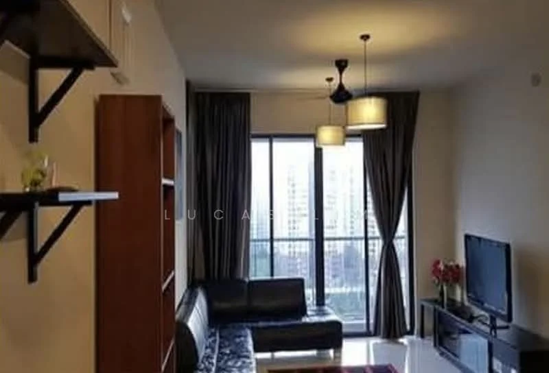Living features: black leather sofa, coffee table, TV console, wall-mounted TV, floor-to-ceiling windows, curtains, shelf unit, pendant lighting, recessed downlights, decorative plants, area rug; style: modern; view: city.