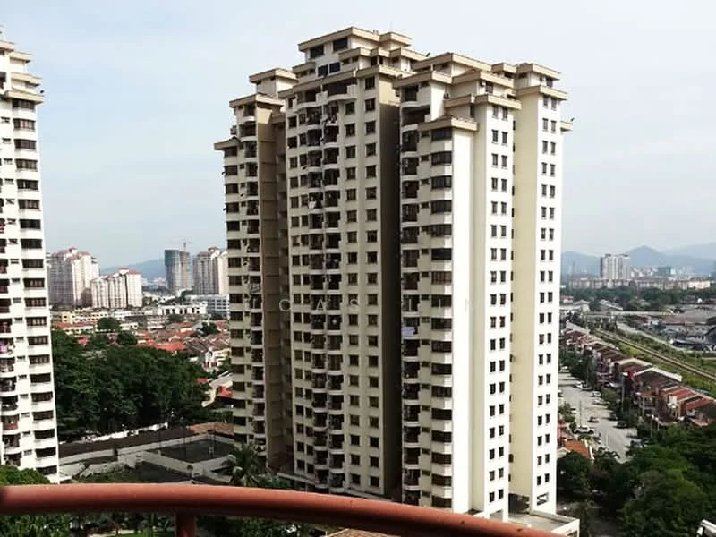 Exterior type: high-rise condominium; features: white painted facade, multiple balconies, approximately 15-storey high-rise, surrounded by urban landscape, view of city skyline, nearby residential area, greenery at base of building; style: modern.