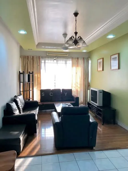 Living features: dark leather sectional sofa, 2-seater leather sofa, wood coffee table, TV console, wall-mounted TV, laminate flooring, white painted walls, green accent wall, curtains, ceiling fan with light, recessed lighting, decorative wall frames; style: modern.