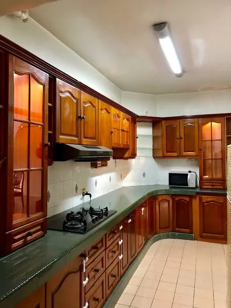 Kitchen features: wooden cabinetry with glass fronts, green granite countertop, built-in gas hob with two burners, stainless-steel range hood, microwave, white tiled backsplash, wall-mounted shelves, light fixture, cream tiled flooring; style: traditional.