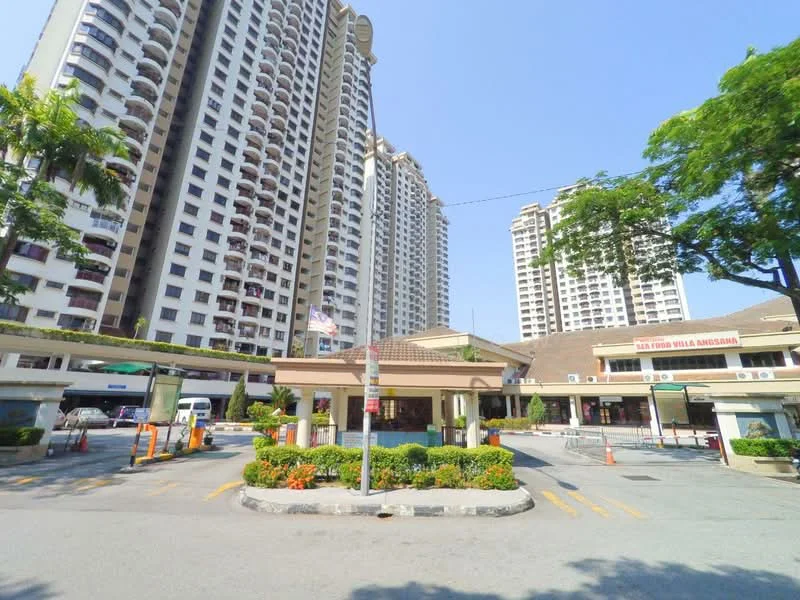 Exterior type: high-rise condominium; features: multiple high-rise buildings, covered parking area, landscaped garden with shrubs, paved driveway, entrance with security features, signage for the property, surrounding mature trees, clear blue sky; style: modern.
