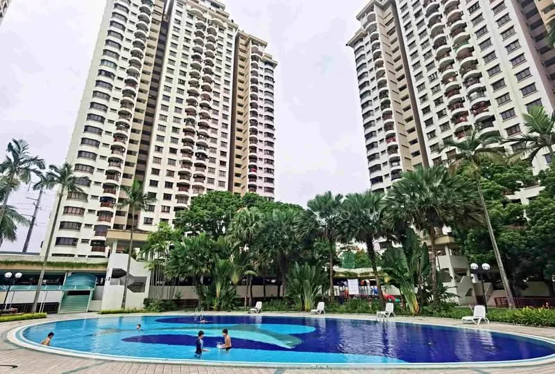 Exterior type: high-rise condominium; features: infinity pool, pool deck with loungers, tropical landscaping, mature palm trees, surrounded by greenery, multiple high-rise buildings, balconies on buildings, children playing in pool; style: modern.