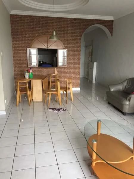 Living features: white painted walls, exposed brick accent wall, glossy white tile flooring, tray ceiling, glass coffee table, 3 wooden dining chairs, wooden dining table, floor-to-ceiling window, sofa in grey fabric; style: modern.