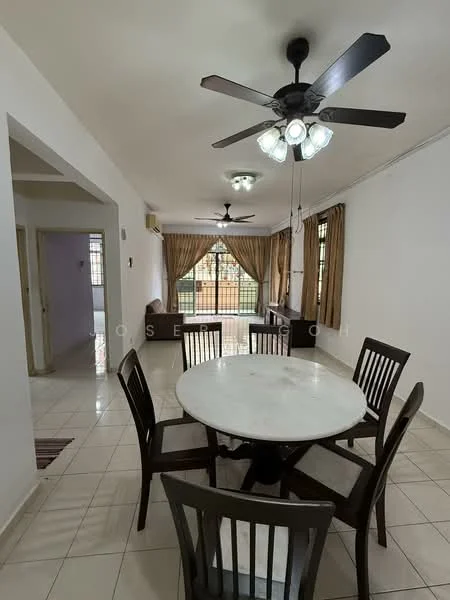 Dining features: round marble dining table, 6 wooden dining chairs, white painted walls, ceramic tile flooring, 5-blade ceiling fan with light, recessed downlights, large windows with sheer curtains, wooden sideboard, decorative wall art; style: modern. Living features: sofa, coffee table, TV console, wall-mounted TV, area rug; style: modern.