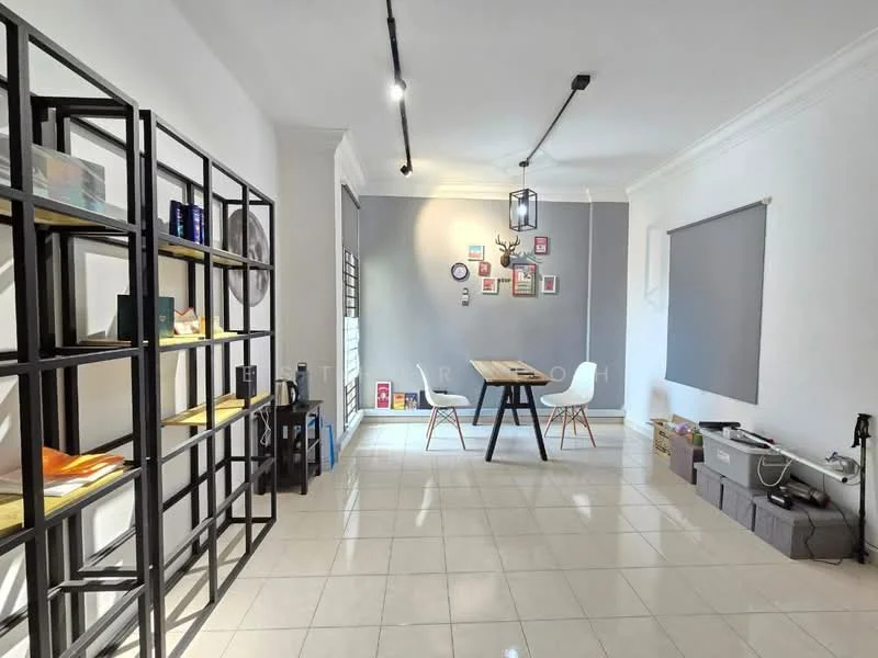 Room features: white painted walls, grey accent wall, tile flooring, black metal shelving unit, wooden dining table, white dining chairs, decorative wall art, recessed downlights, window with roller blinds, open space layout; style: modern.