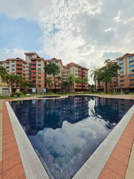 Exterior type: mid-rise condominium; features: swimming pool, pool deck with loungers, landscaped garden, palm trees, manicured lawn, multiple mid-rise buildings, glass windows, balconies, red and cream facade, surrounded by greenery; style: modern.
