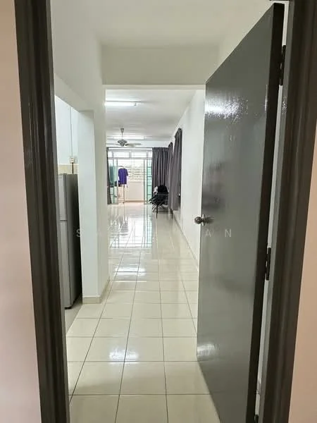 Room features: white painted walls, glossy tile flooring, ceiling lights, door with handle, curtains on windows, open layout, visible kitchen area, hallway leading to other rooms; style: modern.