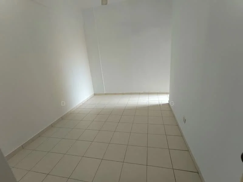 Room features: white painted walls, tile flooring, natural light from window, no visible furniture, empty space; style: minimalist.