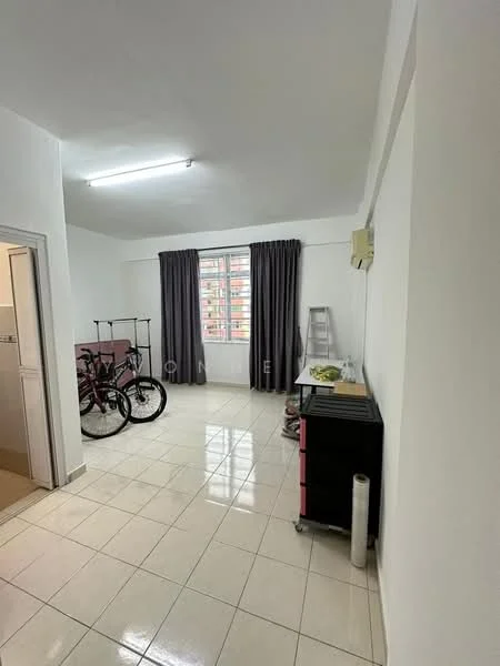 Room features: white painted walls, glossy tile flooring, ceiling lights, floor-to-ceiling window, grey curtains, two bicycles, metal clothing rack, black storage unit, ladder, air conditioning unit; style: modern.