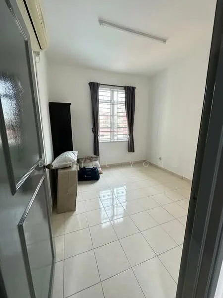 Room features: white painted walls, glossy tile flooring, single window with sheer curtains, ceiling light fixture, built-in wardrobe, neutral-colored bedding, stacked luggage, empty corner space; style: modern.