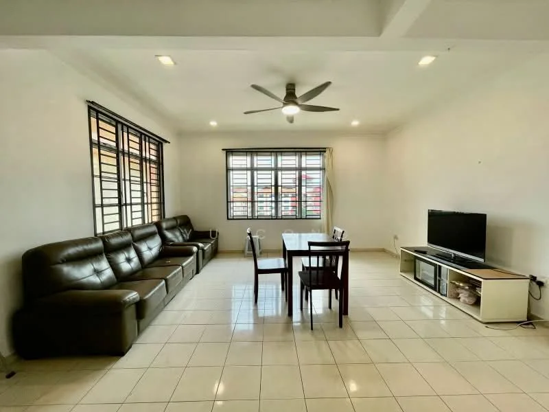 Living features: 3-seater leather sofa in dark brown, 2-seater leather sofa in dark brown, coffee table, dining table with 4 chairs, wall-mounted TV, TV console, tile flooring, white painted walls, ceiling fan with light, multiple windows with black metal grills, natural light from windows; style: modern.