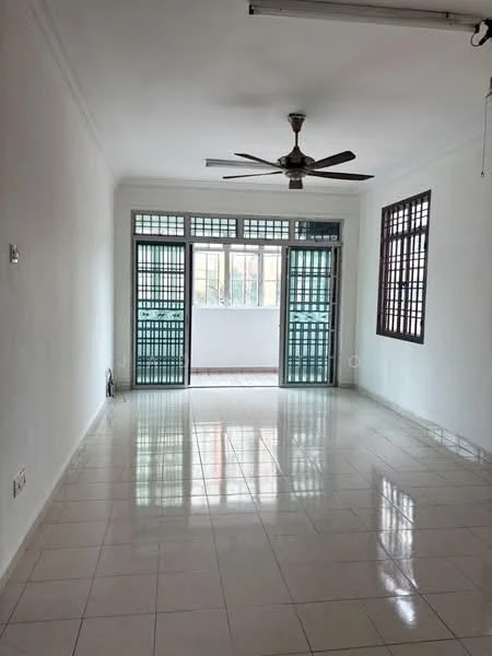 Living features: white painted walls, glossy ceramic tile flooring, 5-blade ceiling fan, floor-to-ceiling windows, sliding glass doors, grille window treatments, natural light from windows, open layout; style: minimalist.