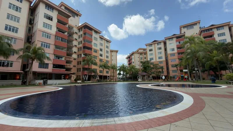 Exterior type: low-rise apartment block; features: swimming pool, landscaped garden, paved walkway, multiple residential buildings, palm trees, outdoor seating area, balconies on buildings, blue sky with clouds; style: modern.