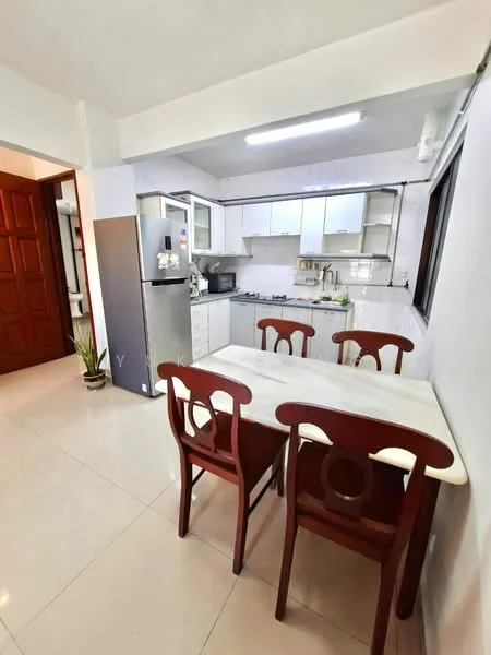 Kitchen features: white cabinetry with glass-front upper cabinets, stainless-steel fridge, built-in gas stove, white tiled backsplash, marble countertop, single-bowl stainless-steel sink, chrome pull-down faucet, dining table with four wooden chairs, floor-to-ceiling window, light-colored tiled flooring, recessed ceiling lights; style: modern.