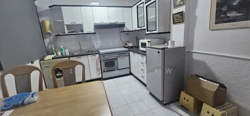 Kitchen features: white cabinetry with black countertops, stainless-steel gas range oven, built-in microwave, stainless-steel refrigerator, single-bowl stainless-steel sink, chrome pull-down faucet, ceramic tile flooring, white tiled backsplash, window with sheer curtains, dining table with wooden finish, plastic storage boxes, dish soap and cleaning supplies on countertop; style: modern.