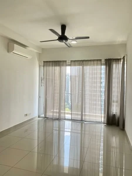 Living features: white painted walls, glossy ceramic tile flooring, 5-blade ceiling fan with light, floor-to-ceiling windows, sheer curtains, balcony view, air conditioning unit, natural light; style: modern; view: city.