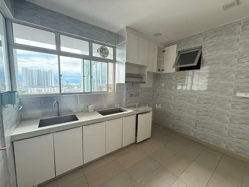 Kitchen features: single-bowl stainless-steel sink, chrome pull-down faucet, white cabinetry, grey tiled backsplash, white countertop, built-in oven, extraction hood, floor-to-ceiling windows, city view, ceramic tile flooring; style: modern; view: city.