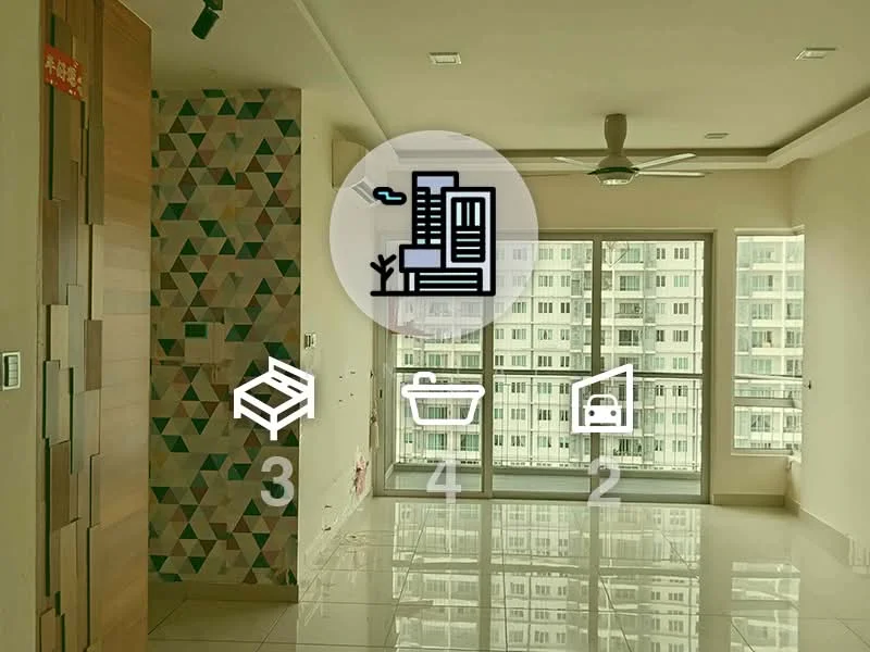 Living features: white painted walls, geometric patterned accent wall, glossy tile flooring, 5-blade ceiling fan with light, floor-to-ceiling windows, sliding glass door, balcony access, air conditioning unit; style: modern; view: city.