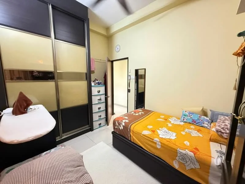 Bedroom features: queen-size bed with orange floral bedding, built-in wardrobe with sliding doors, white dresser with multiple drawers, cream painted walls, tile flooring, ceiling fan, wall clock, door leading to hallway.