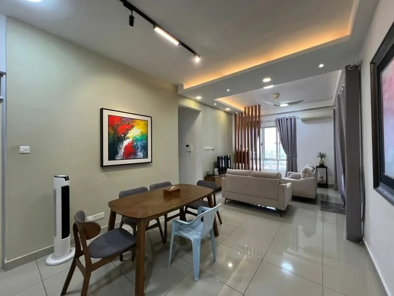 Living features: grey tiled flooring, white painted walls, recessed ceiling with LED lighting, 5-blade ceiling fan with light, floor-to-ceiling windows, curtains, sofa in light beige, wooden coffee table, decorative artwork on wall, wall-mounted TV, area rug, plant in ceramic pot; style: modern; view: city. Dining features: wooden dining table, 4 wooden dining chairs, blue plastic chair, decorative artwork on wall; style: modern.