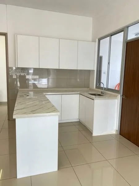 Kitchen features: white shaker cabinets, marble countertop, single-bowl stainless-steel sink, chrome pull-down faucet, ceramic tile flooring, white tiled backsplash, open layout, window with glass frame, island counter, built-in appliances, neutral wall color; style: modern.