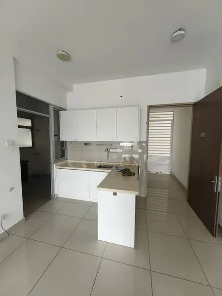 Kitchen features: white cabinetry, marble countertop, single-bowl stainless-steel sink, chrome pull-down faucet, tile backsplash, built-in oven, freestanding range oven, ceramic tile flooring, recessed downlights, wall-mounted cabinets, open shelving, window with blinds, door leading to hallway; style: modern.